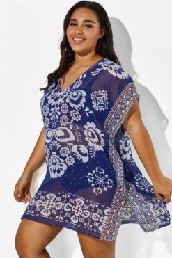 Navy Blue Fashion Floral Print Cover Up -Sandy Bikinis Shop b cscu007 3