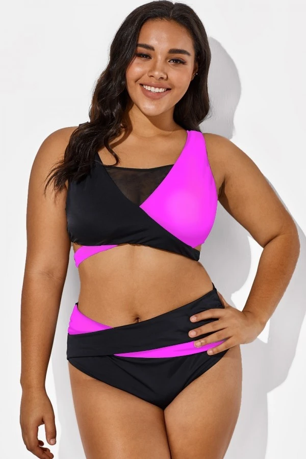 Black Pink Colorblock Wrap Mesh Bikini Top 6 Black Pink Colorblock Wrap Mesh Bikini Top - Image 6