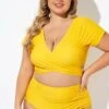 Yellow Ruched Sleeves Skirted Bikini Top