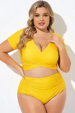 Yellow Ruched Sleeves Skirted Bikini Top -Sandy Bikinis Shop b debk050005 3 1