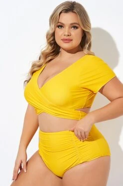 Yellow Ruched Sleeves Skirted Bikini Top -Sandy Bikinis Shop b debk050005 4 1