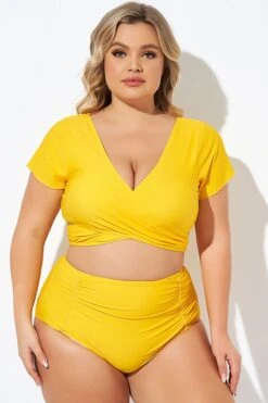 Yellow Ruched Sleeves Skirted Bikini Top -Sandy Bikinis Shop b debk050005 5 1