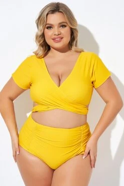 Yellow Ruched Sleeves Skirted Bikini Top -Sandy Bikinis Shop b debk050005 6 1