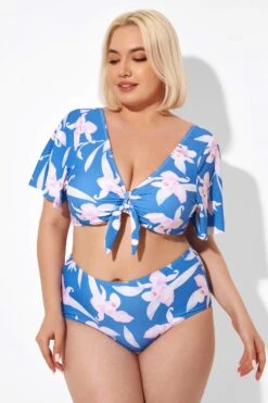 Blue Flower Print Bow V-neck Bikini Top -Sandy Bikinis Shop b debk064003 5