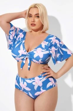 Blue Flower Print Bow V-neck Bikini Top -Sandy Bikinis Shop b debk064003 6