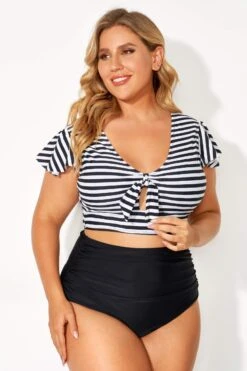 Black & White Stripe Retro Women Bikini Top -Sandy Bikinis Shop b debk072001 3