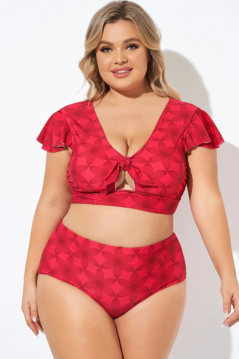 Red Geometric Interwoven Print Bikini Top 1 Red Geometric Interwoven Print Bikini Top