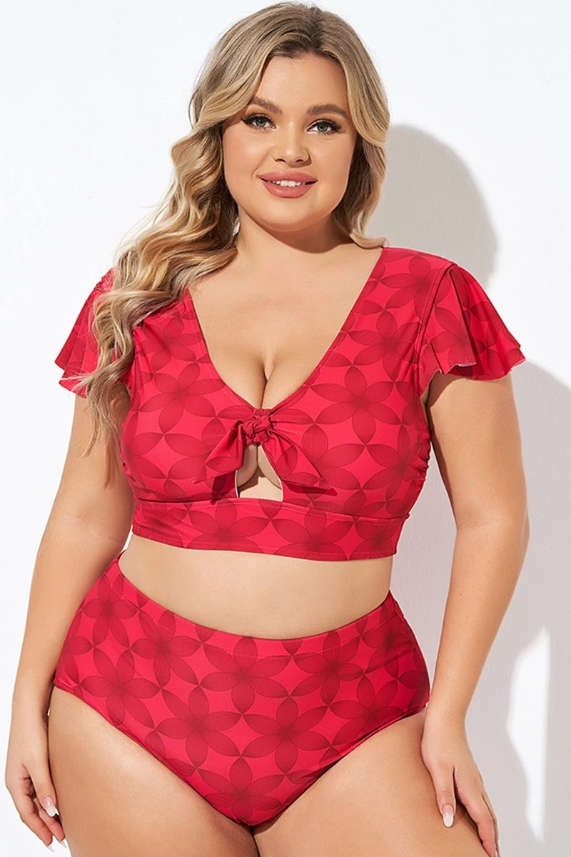 Red Geometric Interwoven Print Bikini Top 3 Red Geometric Interwoven Print Bikini Top - Image 3