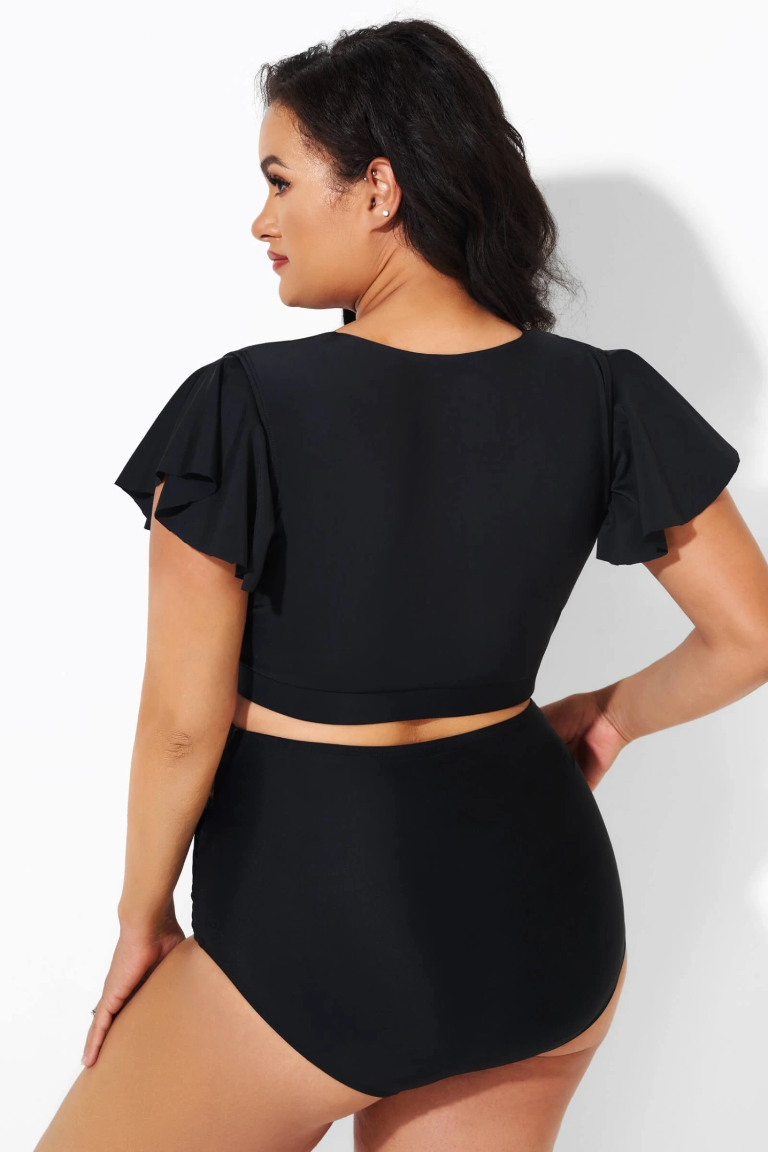 Black Flutter-Sleeve Elegant Swim Bikini Top 3 Black Flutter-Sleeve Elegant Swim Bikini Top - Image 3