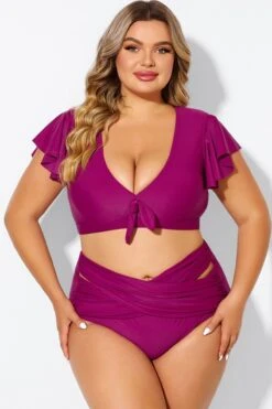 Purple Flutter Sleeve Elegant Swim Bikini Top -Sandy Bikinis Shop b debk092005 3