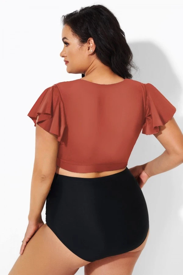 Orange Flutter Sleeve Tie Front Swim Bikini Top 2 Orange Flutter Sleeve Tie Front Swim Bikini Top - Image 2