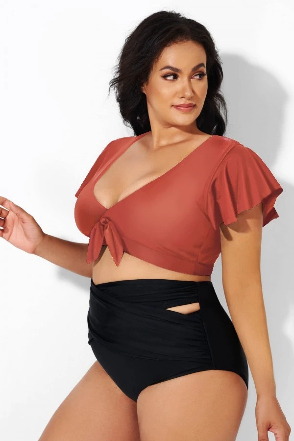 Orange Flutter Sleeve Tie Front Swim Bikini Top 4 Orange Flutter Sleeve Tie Front Swim Bikini Top - Image 4