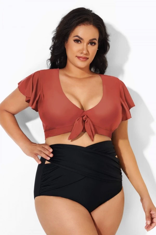 Orange Flutter Sleeve Tie Front Swim Bikini Top 1 Orange Flutter Sleeve Tie Front Swim Bikini Top