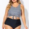 Black & White Striped Knotted Crop Bikini Top