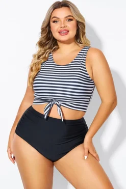 Black & White Striped Knotted Crop Bikini Top -Sandy Bikinis Shop b debk095002 3