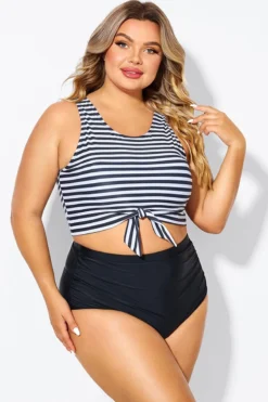 Black & White Striped Knotted Crop Bikini Top -Sandy Bikinis Shop b debk095002 5
