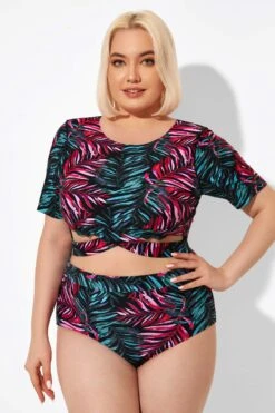 Leaf Print Round Neck Bikini Top With Sleeves -Sandy Bikinis Shop b debk101002 6