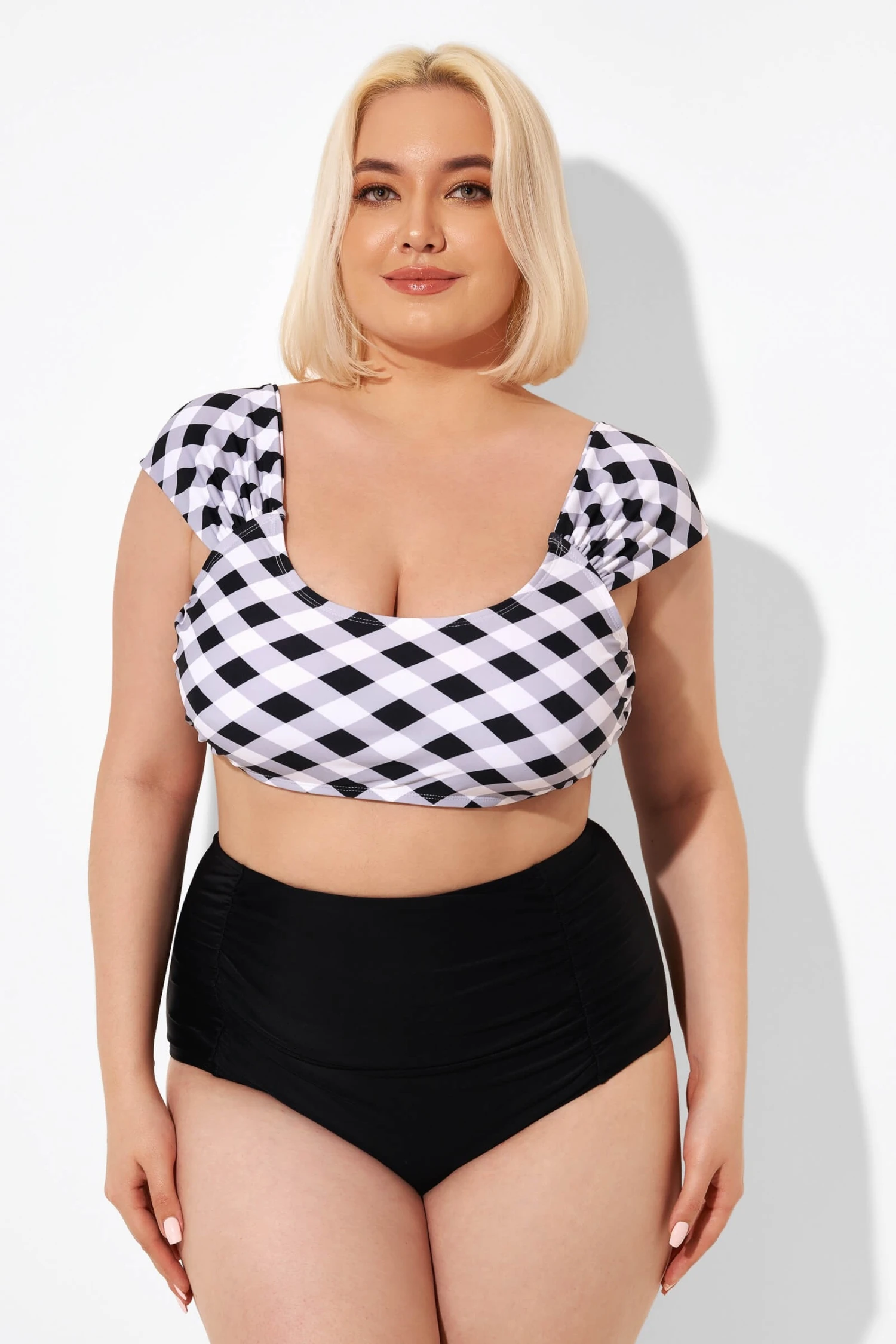 Black & White Gingham Bikini Top With Sleeves 4 Black & White Gingham Bikini Top With Sleeves - Image 4