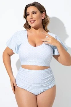 Blue Geometric Pattern Bikini Top With Flutter Sleeve -Sandy Bikinis Shop b debk108001 3