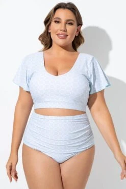 Blue Geometric Pattern Bikini Top With Flutter Sleeve -Sandy Bikinis Shop b debk108001 5