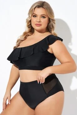 Black Ruffle One Shoulder Swim Bikini Top -Sandy Bikinis Shop b debk137001 4