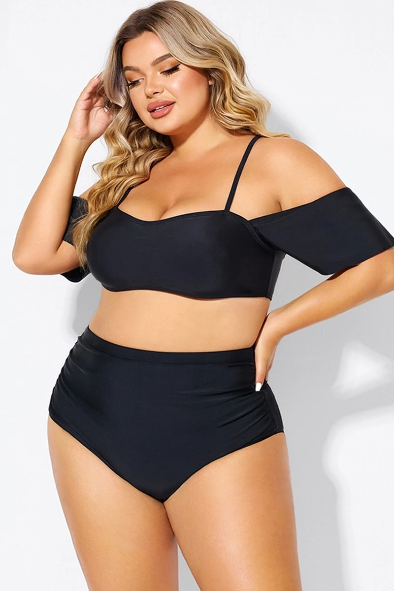 Black Lace Up Off The Shoulder Ruffle Bikini Top 1 Black Lace Up Off The Shoulder Ruffle Bikini Top