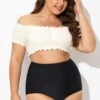 Retro White Ruffles Bardot Sleeves Bikini Top