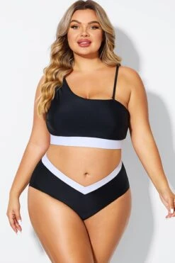 Black & White One Shoulder High Waisted Bikini Top