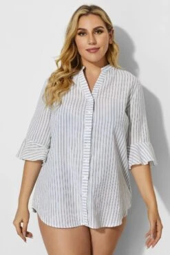 V-Neck Stripe Button Up Cover Up Shirt -Sandy Bikinis Shop b decu002 4