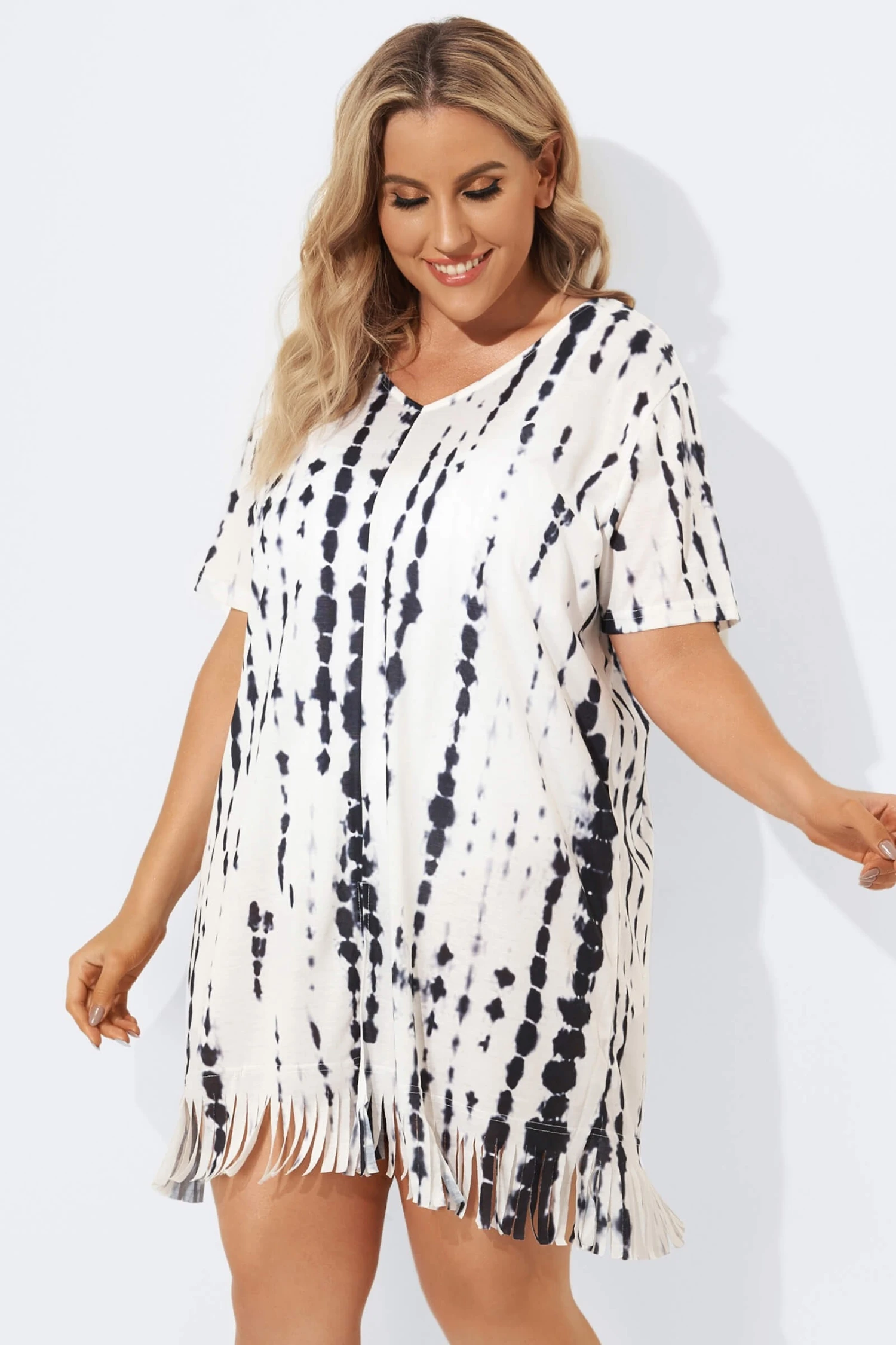 Front Slit Fringe Trim Tunic Cover Up 4 Front Slit Fringe Trim Tunic Cover Up - Image 4