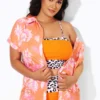 Orange Flower Print Short Sleeves Cover Up