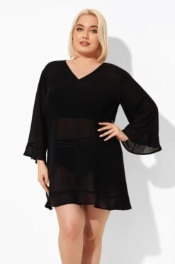 Black Ruffle Hem V-neck Tunic Cover Up