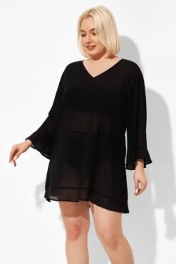 Black Ruffle Hem V-neck Tunic Cover Up -Sandy Bikinis Shop b decu023 3
