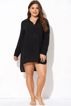 Black V-neck Side Split Cover Up Shirt Beach Dress