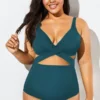 Green Modest Cut-out One Piece Swimsuit For Lady