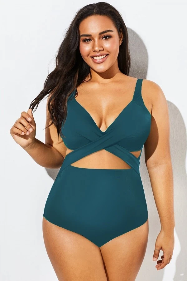 Green Modest Cut-out One Piece Swimsuit For Lady 1 Green Modest Cut-out One Piece Swimsuit For Lady
