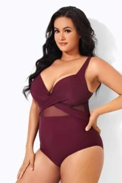Wine Cut Out Mesh Fashion One Piece Swimsuit -Sandy Bikinis Shop b deop006007 2