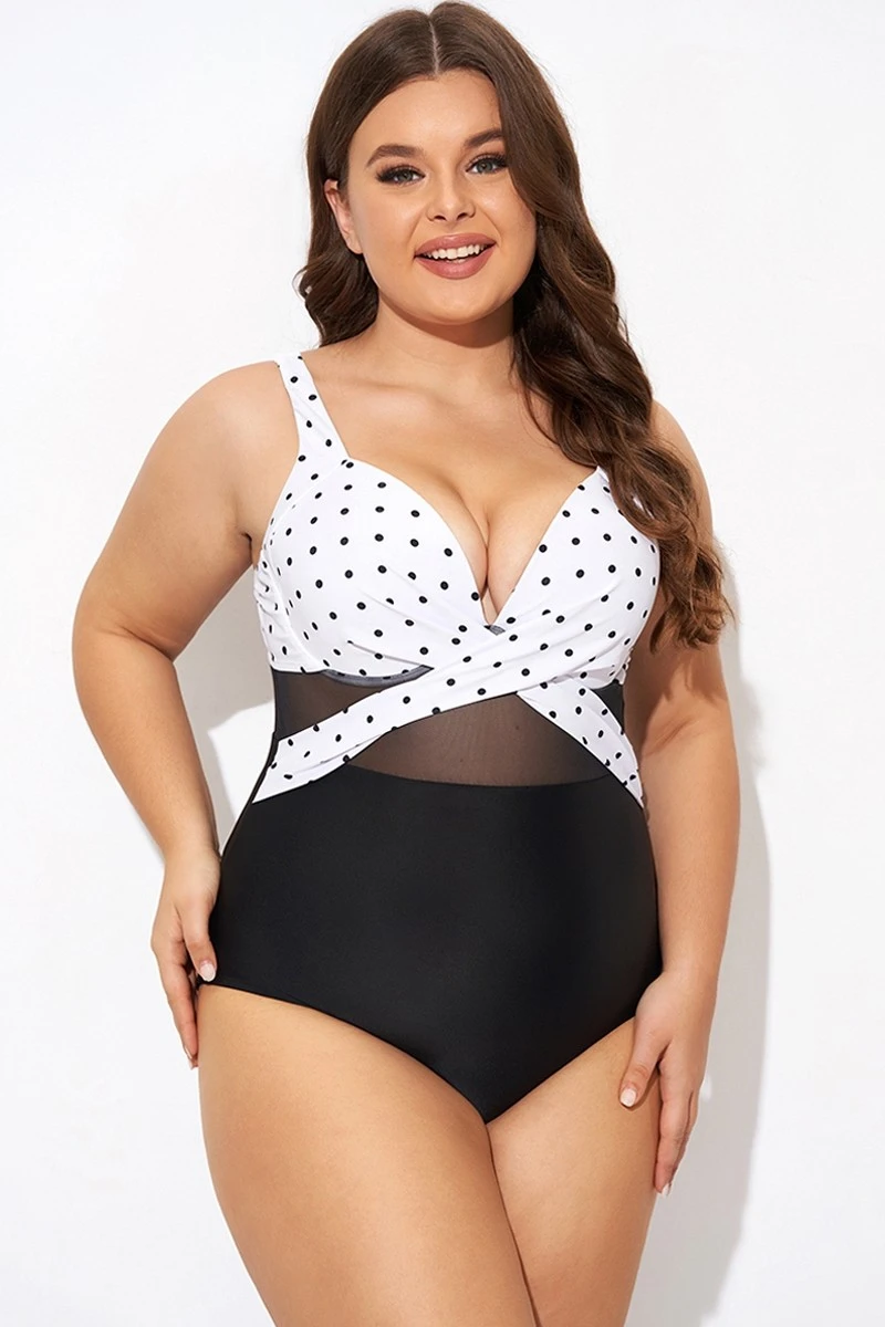 Elegant Dot Colorblock Mesh One Piece Swimsuit 3 Elegant Dot Colorblock Mesh One Piece Swimsuit - Image 3
