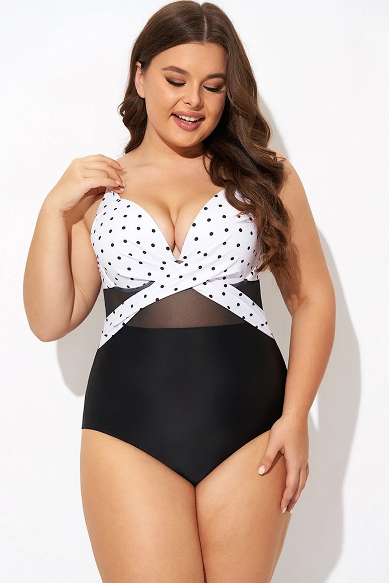 Elegant Dot Colorblock Mesh One Piece Swimsuit 4 Elegant Dot Colorblock Mesh One Piece Swimsuit - Image 4