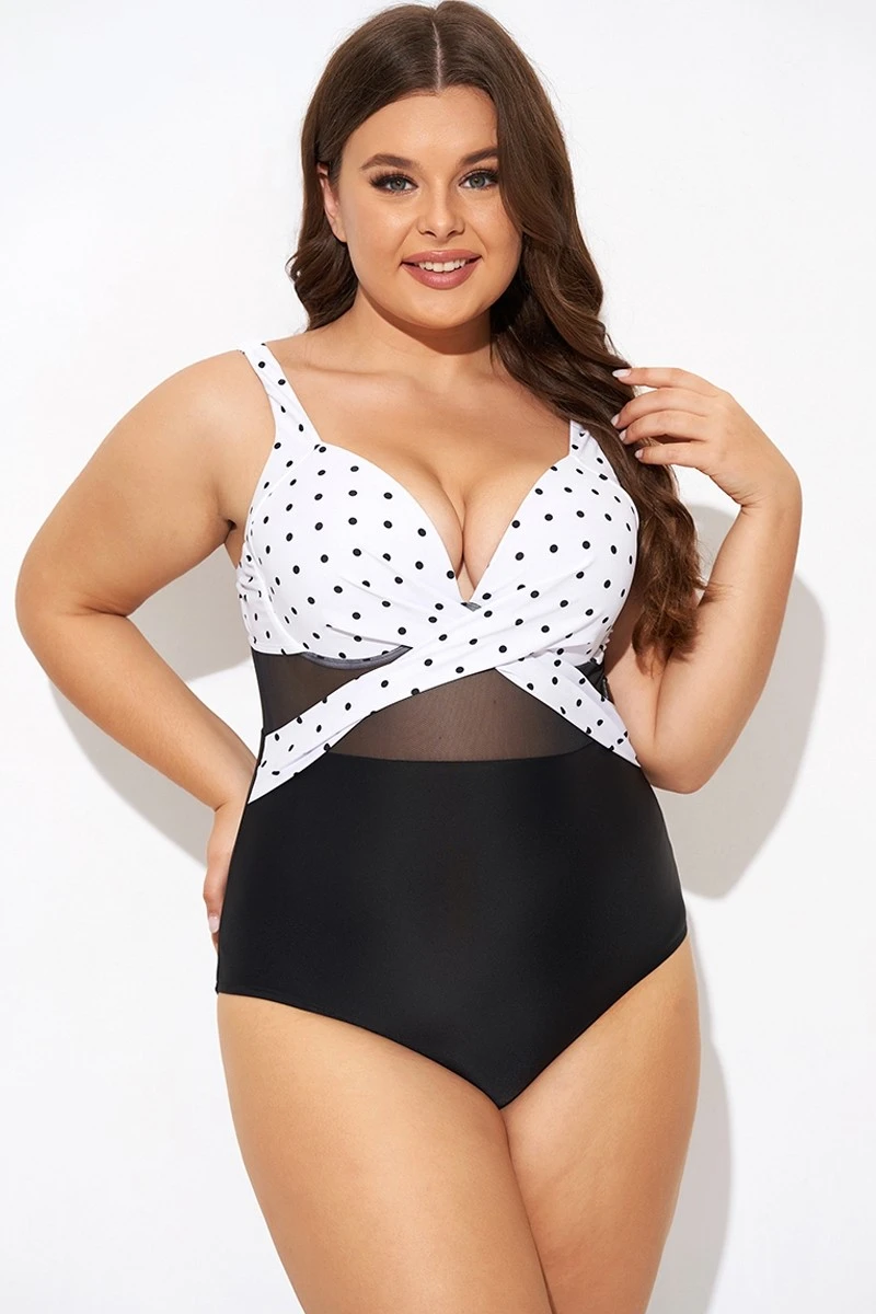 Elegant Dot Colorblock Mesh One Piece Swimsuit 5 Elegant Dot Colorblock Mesh One Piece Swimsuit - Image 5