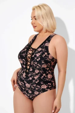 Black Floral Printed Lace Up One Piece Swimsuit -Sandy Bikinis Shop b deop008004 3