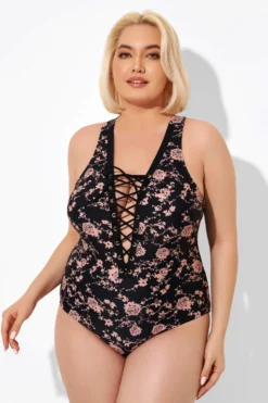 Black Floral Printed Lace Up One Piece Swimsuit -Sandy Bikinis Shop b deop008004 4