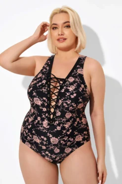 Black Floral Printed Lace Up One Piece Swimsuit -Sandy Bikinis Shop b deop008004 5