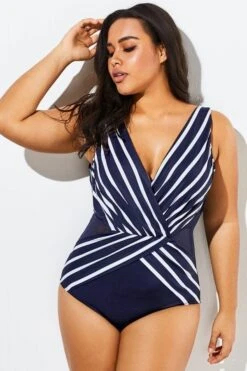 Blue And White Stripe Mesh One Piece Swimsuit -Sandy Bikinis Shop b deop034004 44