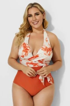 V-neck Tie Dye Wrap Halter One Piece Swimsuit -Sandy Bikinis Shop b deop035002 2