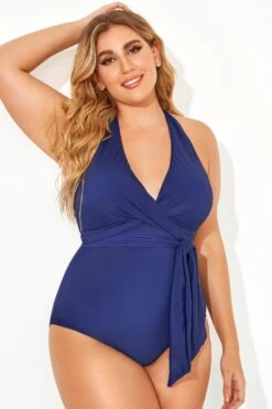 Blue Faux V-neck Women One Piece Swimsuit -Sandy Bikinis Shop b deop035003 2