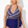 Purple Faux Wrap Halter One Piece Swimsuit