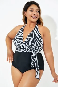 Black & White Faux Wrap Halter One Piece Swimsuit -Sandy Bikinis Shop b deop035006 3
