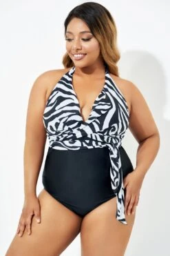Black & White Faux Wrap Halter One Piece Swimsuit -Sandy Bikinis Shop b deop035006 4