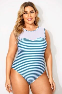Blue & White Stripes Mesh One Piece Swimsuit -Sandy Bikinis Shop b deop089004 4